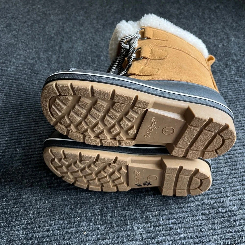 Cat & Jack Snow Duck Boots Kid Size 1 Tan Black Excellent Faux Fur Lined Lace Up